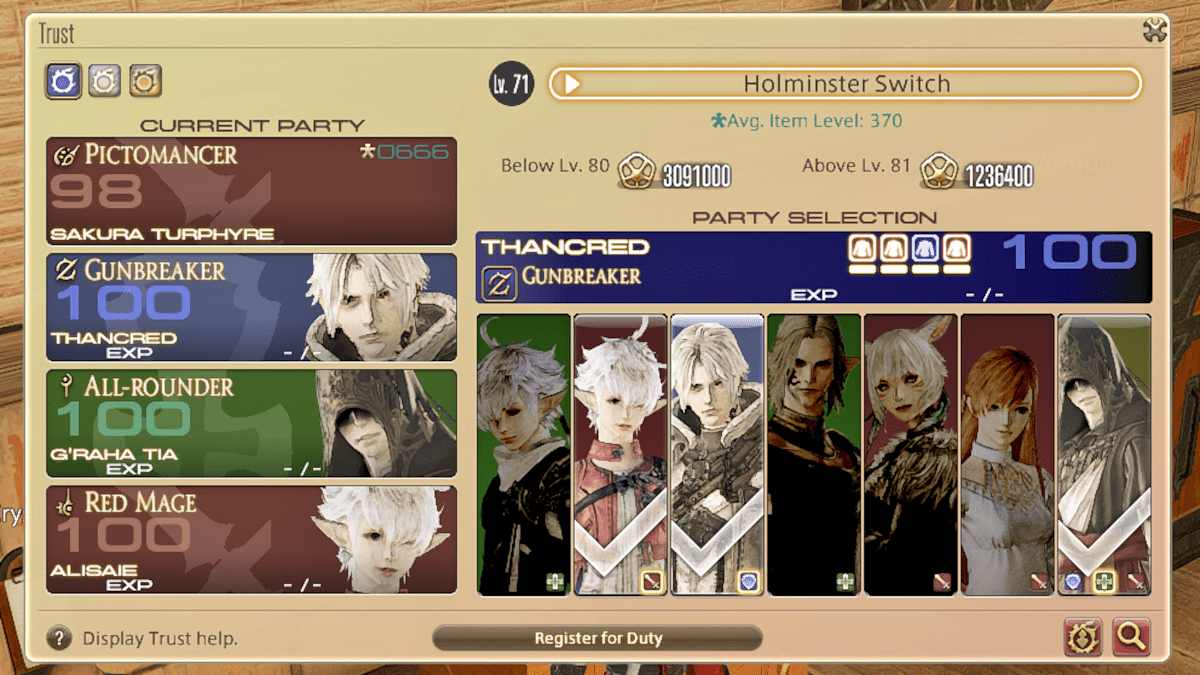 Thancred has all available Glamours unlocked in my Trust system, Final Fantasy XIV