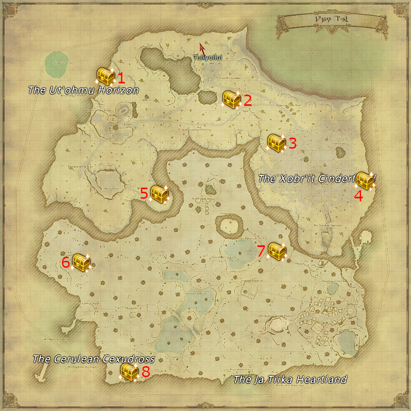 Potential locations for Loboskin Treasure Coffers in Yak T'el, Final Fantasy XIV