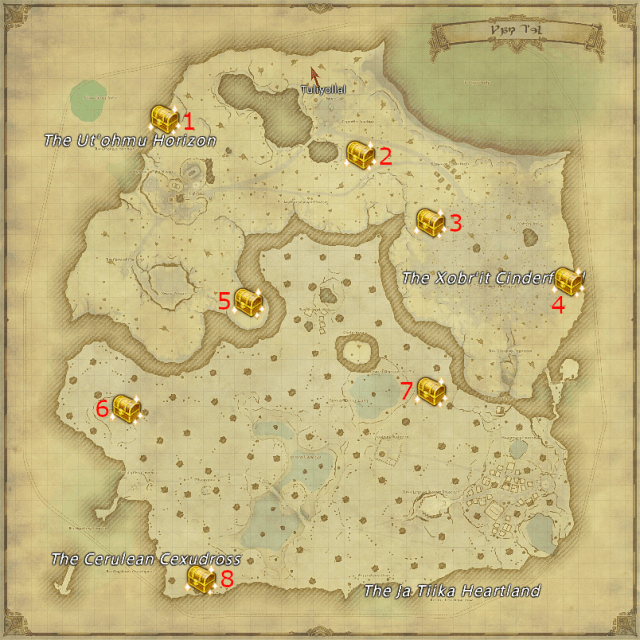 Potential locations for Loboskin Treasure Coffers in Yak T'el, Final Fantasy XIV