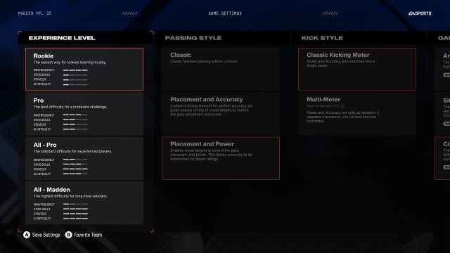 An image of Difficulty settings in Madden NFL 25