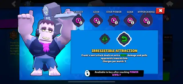 A screenshot of Frank's 'Irresistible Attraction' gadget in Brawl Stars.