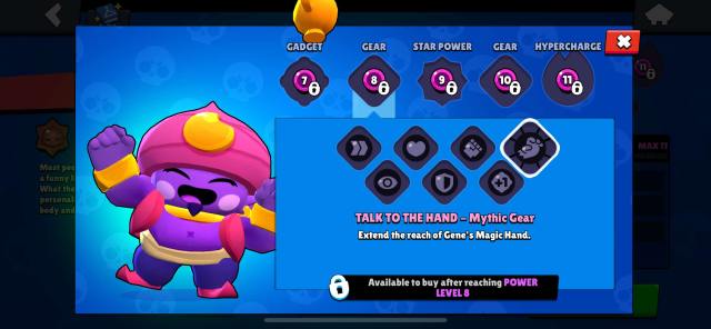 A screenshot of Gene's mythic gear, 'Talk to the Hand' in Brawl Stars.