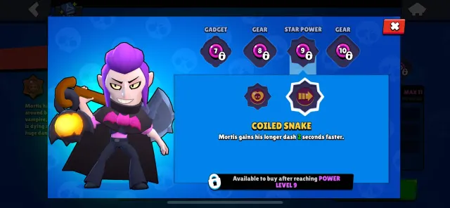 A screenshot of Mortis' 'Coiled Snake' star power in Brawl Stars.