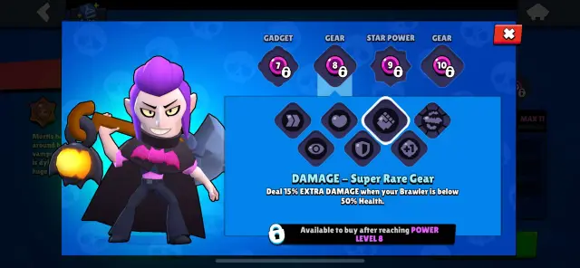 A screenshot of Mortis' damage gear in Brawl Stars.