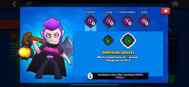 A screenshot of Mortis' 'Survival Shovel' gadget in Brawl Stars.