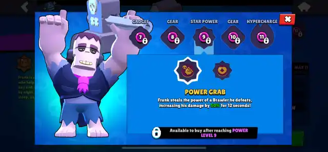 A screenshot of Frank's 'Power Grab' star power in Brawl Stars.