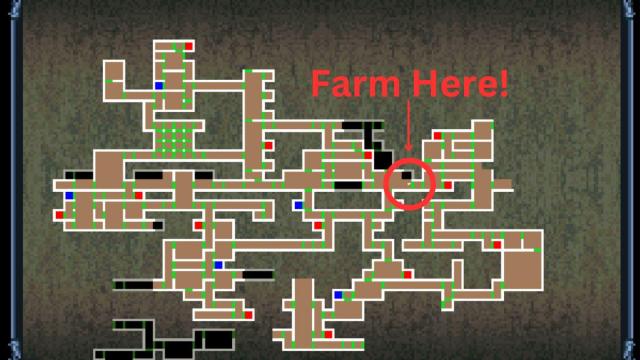 A screenshot of the game map showing where to farm