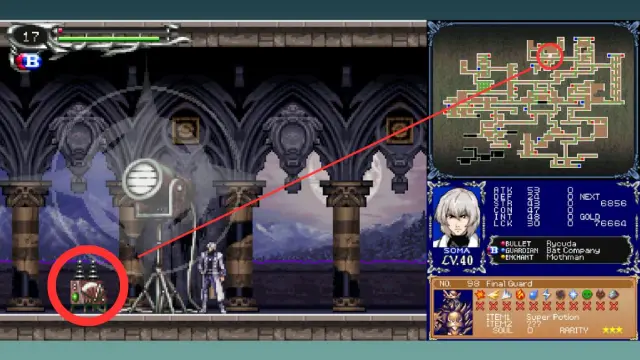 A screenshot from the game showing an arrow pointing to the location of the Mothman