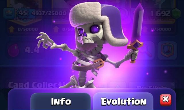 A screenshot of the card evolution of skeletons in Clash Royale