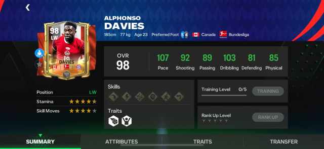 A screenshot of Alphonso Davies' stats in FC Mobile.