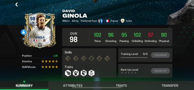 A screenshot of David Ginola's stats in FC Mobile.