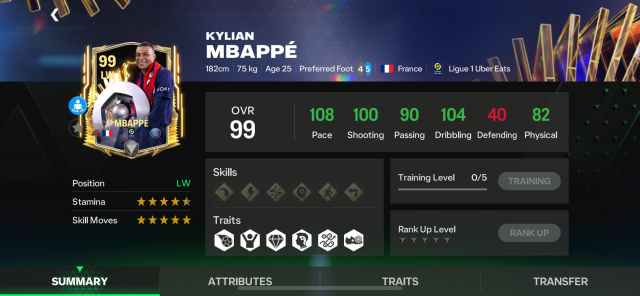 A screenshot of Kylian Mbappé's stats in FC Mobile.