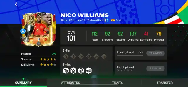 A screenshot of Nico Williams' stats in FC Mobile.