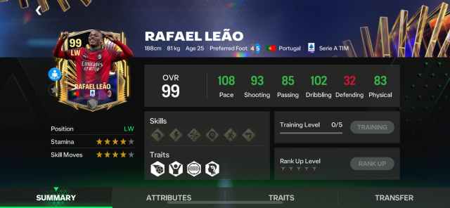 A screenshot of Rafael Leão's stats in FC Mobile.