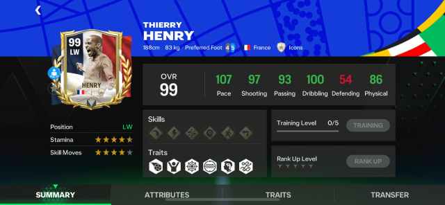 A screenshot of Thierry Henry's stats in FC Mobile.