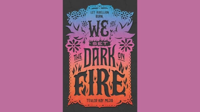 The cover of We Set the Night on Fire, depicting a stylized crocheted neon poster of the title.