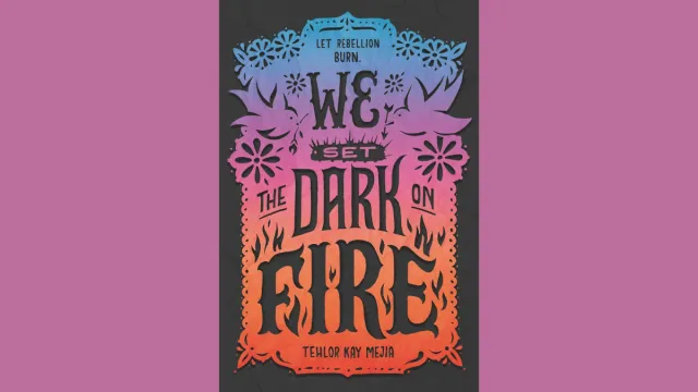 The cover of We Set the Night on Fire, depicting a stylized crocheted neon poster of the title.