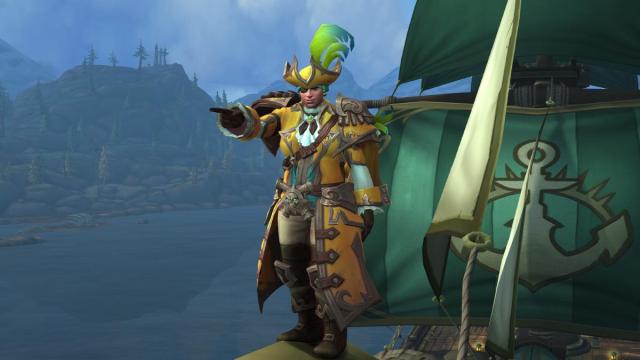 A Kul Tiran in a pirate's outfit standing on a ship