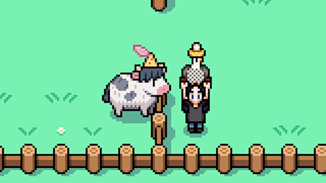 My animals show off their Cheese and Egg hats in Fields of Mistria