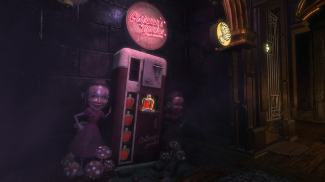 BioShock: a battered Gatherer's Garden vending machine with creepy girl statues on either side.