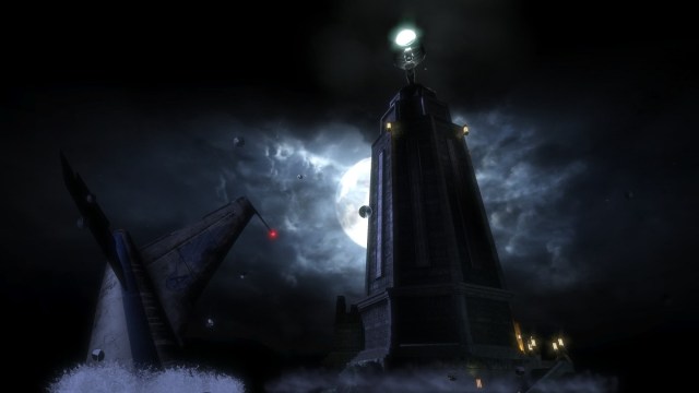 BioShock: A lighthouse rises from the dark ocean at night.