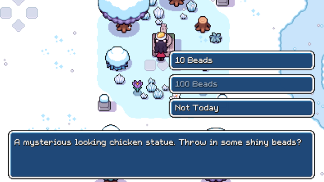 Giving Shiny Beads to the Chicken Statue will earn you rewards in Fields of Mistria