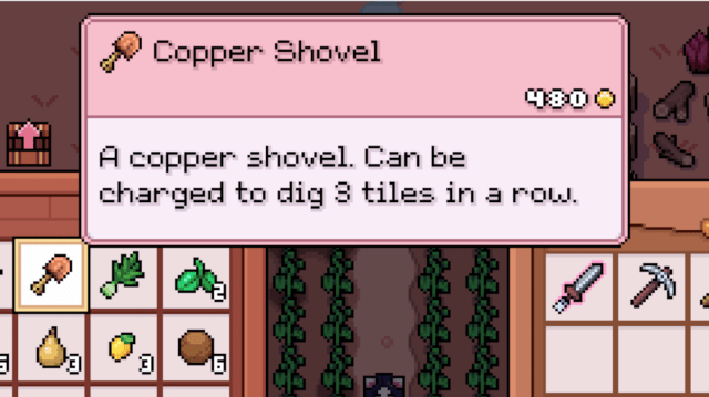 Copper Shovel tooltip in Fields of Mistria