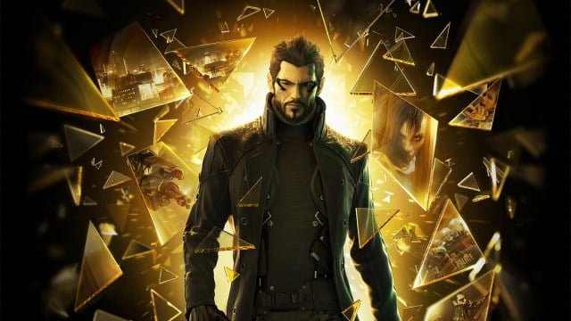 Deus Ex Human Revolution: Adam Jensen poses in a trench coat as the black background explodes with orange.