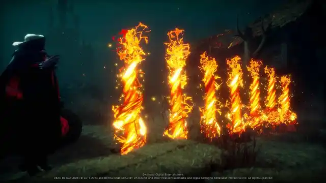 Dracula using his Hellfire spell to create several flame pillars in Dead by Daylight.