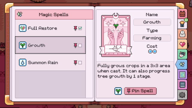 The Growth spell allows you to instantly grow crops in Fields of Mistria