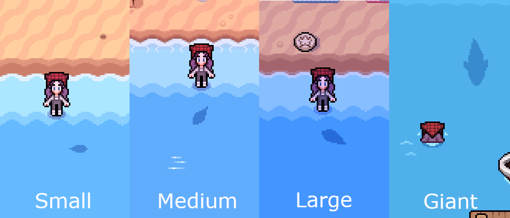 A visual guide to the different sized shadows for fish in Fields of Mistria