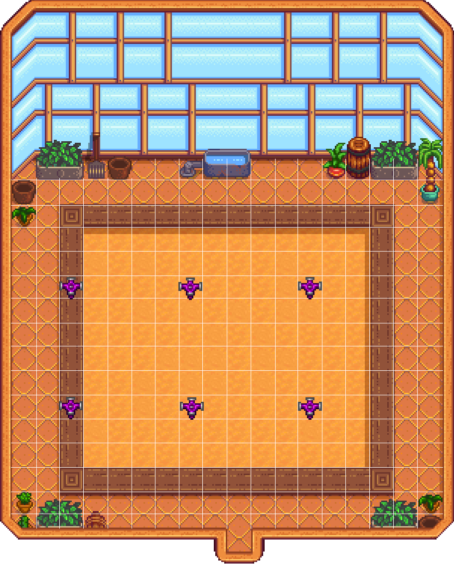 Optimal layout for Iridium Sprinklers in the Greenhouse in Stardew Valley