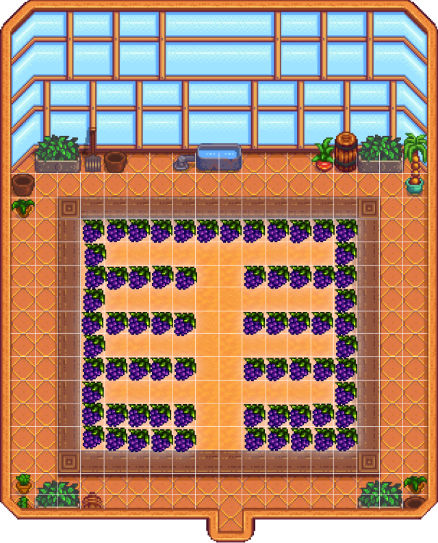 A good Greenhouse layout for crops which require a trellis in Stardew Valley