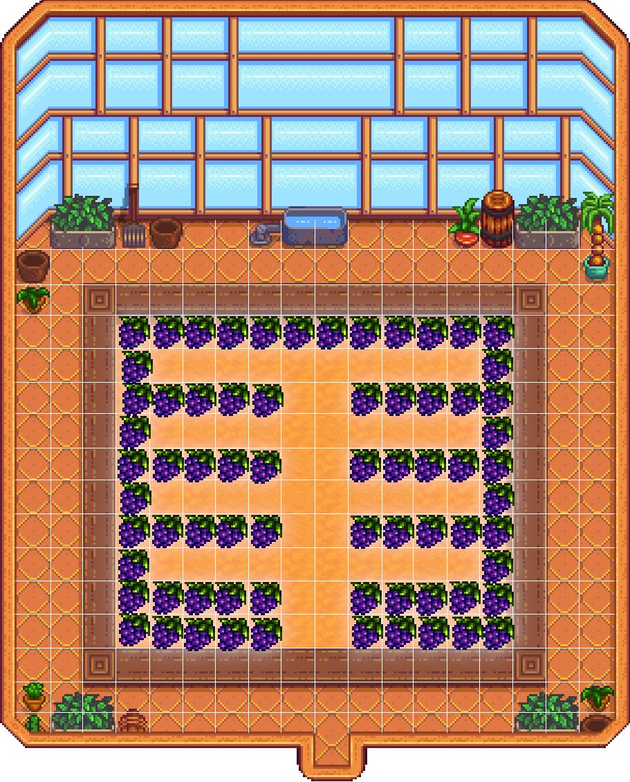 A good Greenhouse layout for crops which require a trellis in Stardew Valley