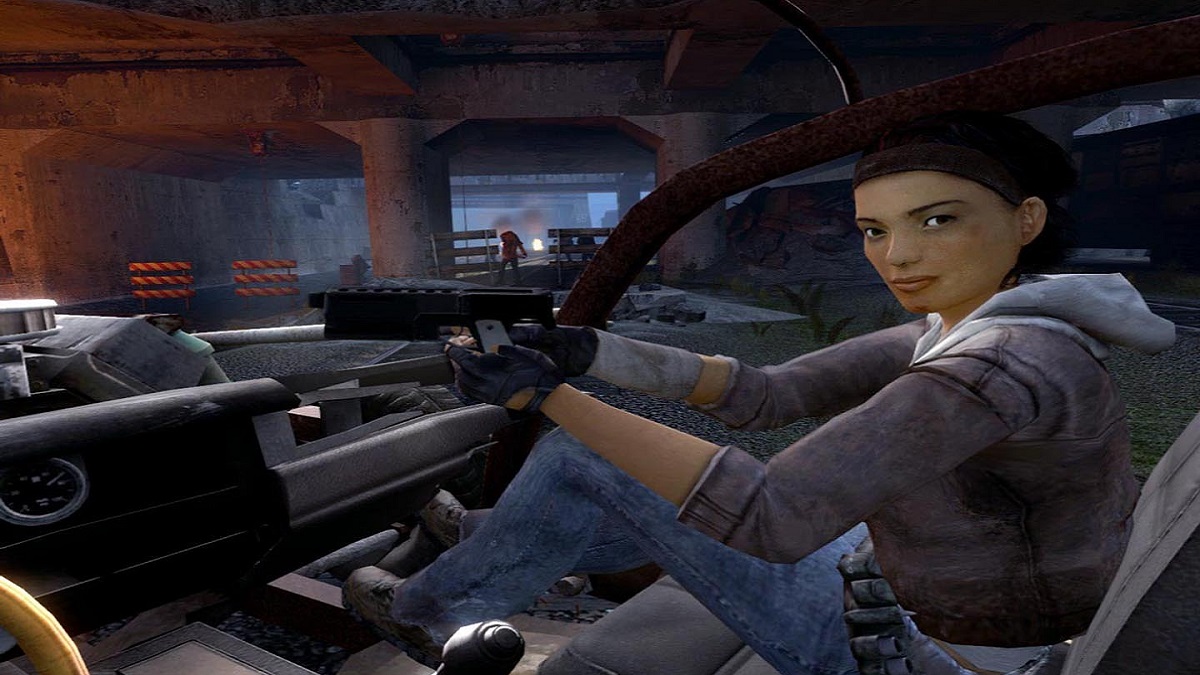 Half-Life 2: Alyx Vance ides shotgun in a rusty car.