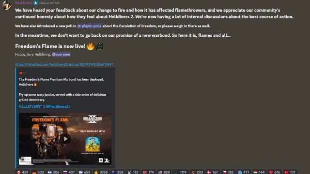 Helldivers 2 flamethrower response - Discord