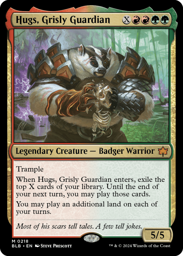 The card Hugs, Grisly Guardian from the Bloomburrow set.