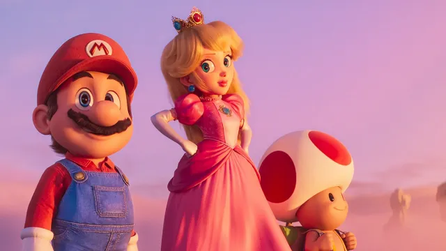 Mario, Princess Peach, and Toad with a pink sky behind them.