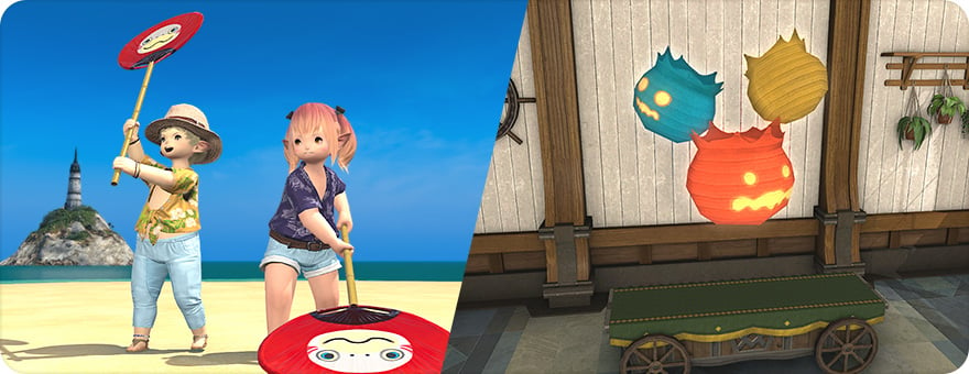 The Uchiwasshoi! emote (left) and the Bouncing Bomb Balloon (right) will be the rewards for Moonfire Faire 2024 in Final Fantasy XIV