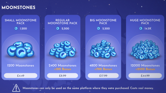 Different Moonstone packs (in GBP) in Disney Dreamlight Valley