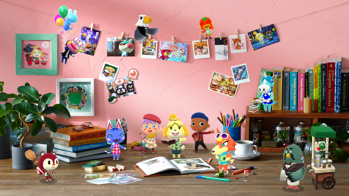 Animal crossing characters stand on a realistic desk with various decorations