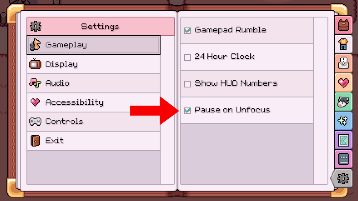 Making sure this setting is on will allow you to have Fields of Mistria running in the background without wasting any time in-game