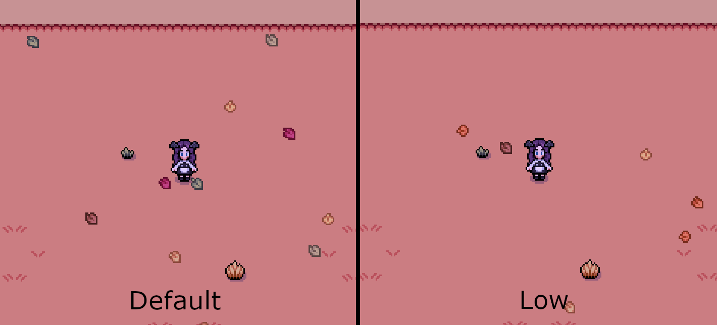 The difference between default and low settings for Weather Particles in Fields of Mistria