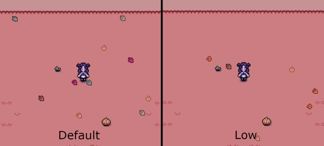 The difference between default and low settings for Weather Particles in Fields of Mistria