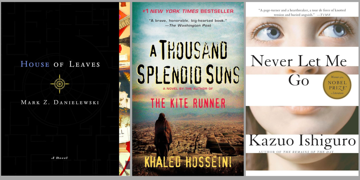 House of Leaves, A Thousand Splendid Suns, Never Let Me Go book covers collage