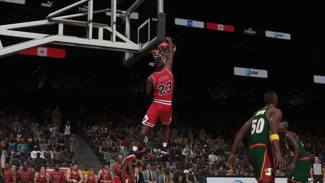 Michael Jordan performing a dunk in NBA 2k25. 