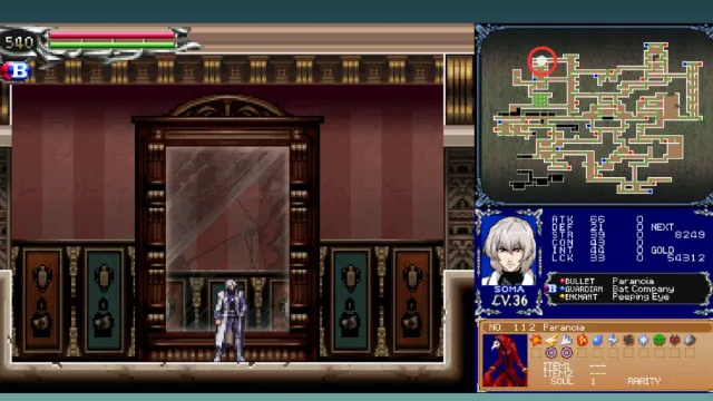 An image of Soma standing in front of a large mirror, with a map and status screen on the right. A red circle indicates the current location.