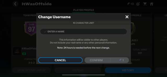 A screenshot of the Change Username window in FC Mobile.