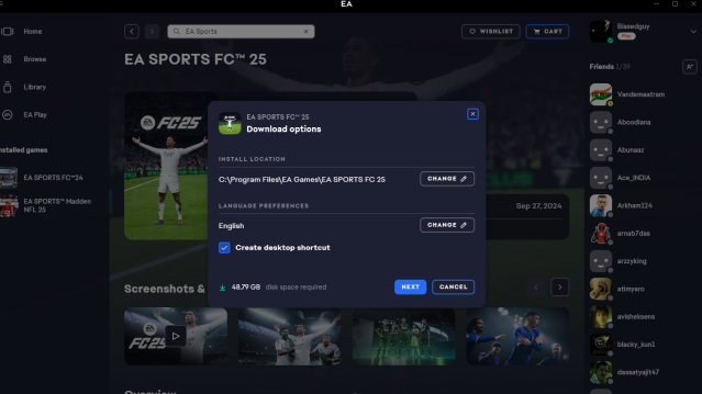 EA FC 25 file sizes on all platform