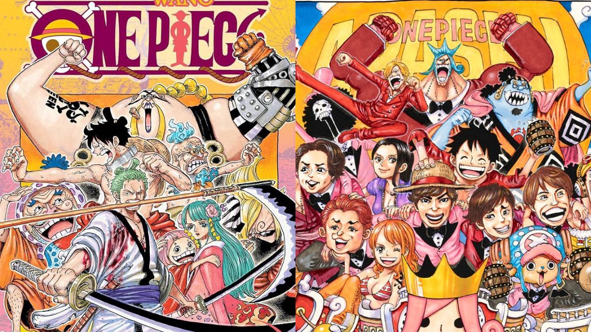 Cover of Volume 93 of One Piece and Color Spread of Chapter 967, depicting Queen and Franky in similar poses.